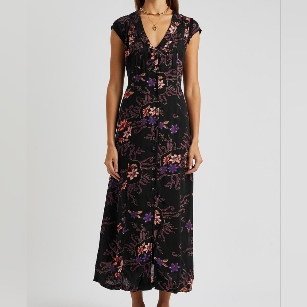 Free People Black Maxi Dress with Pink and Purple Floral Pattern